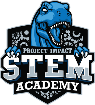 PI Stem Academy logo with T Rex dinosaur bearing teeth looking over top of school name